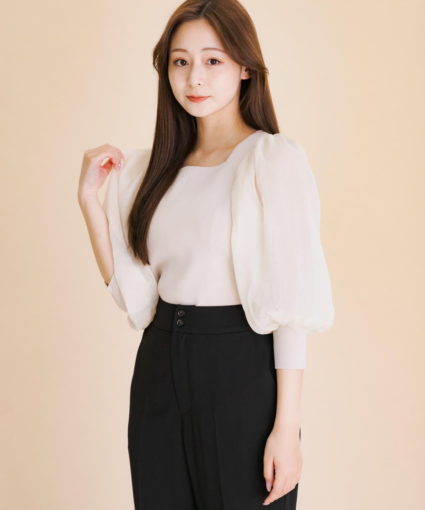 透視感蓬鬆袖針織衫（五分袖）