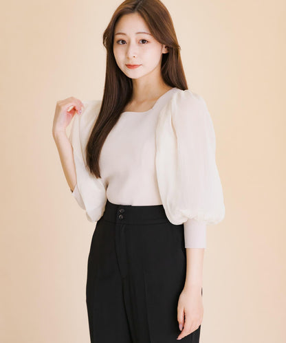 透視感蓬鬆袖針織衫（五分袖）