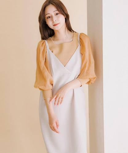 透視感蓬鬆袖針織衫（五分袖）