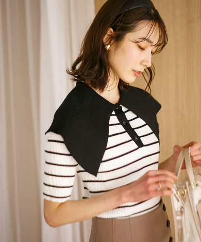 荷葉邊領口五分袖針織衫