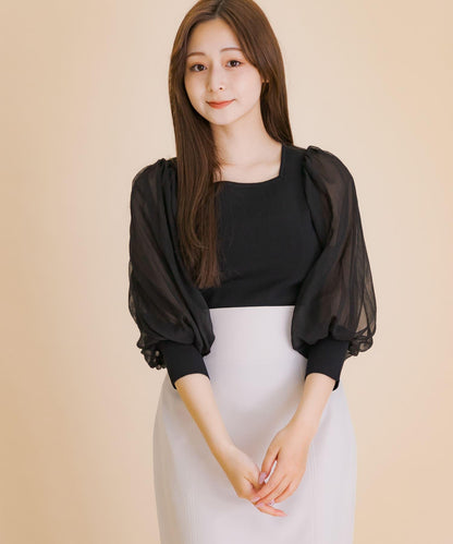 透視感蓬鬆袖針織衫（五分袖）