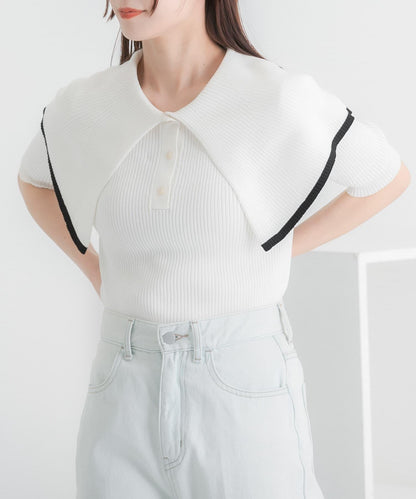 荷葉邊領口五分袖針織衫