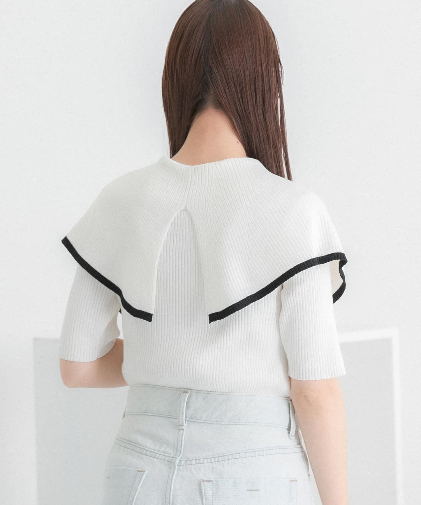 荷葉邊領口五分袖針織衫