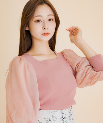 透視感蓬鬆袖針織衫（五分袖）