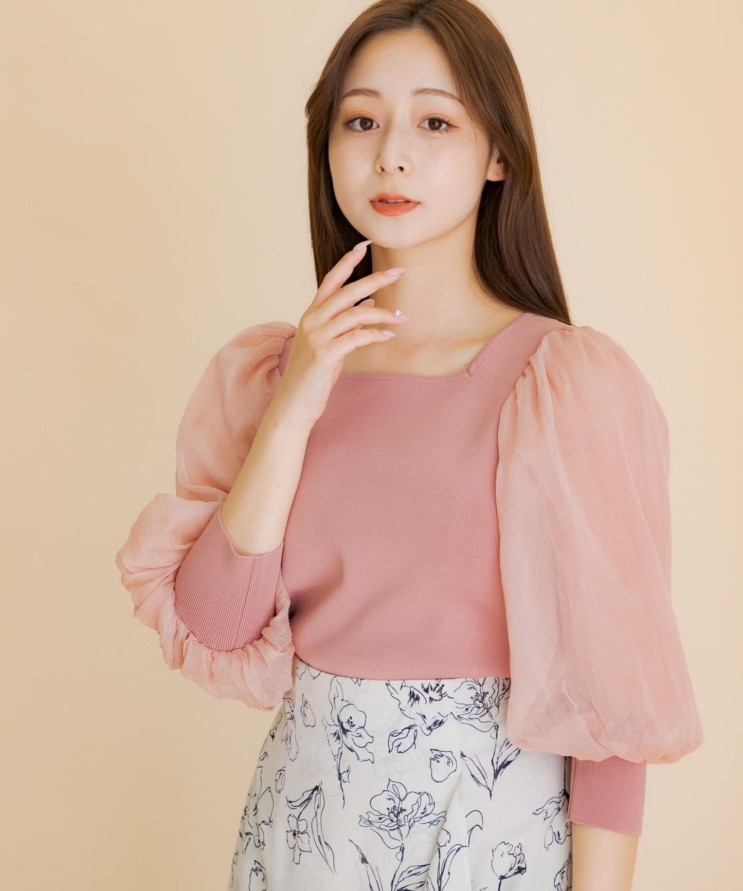 透視感蓬鬆袖針織衫（五分袖）