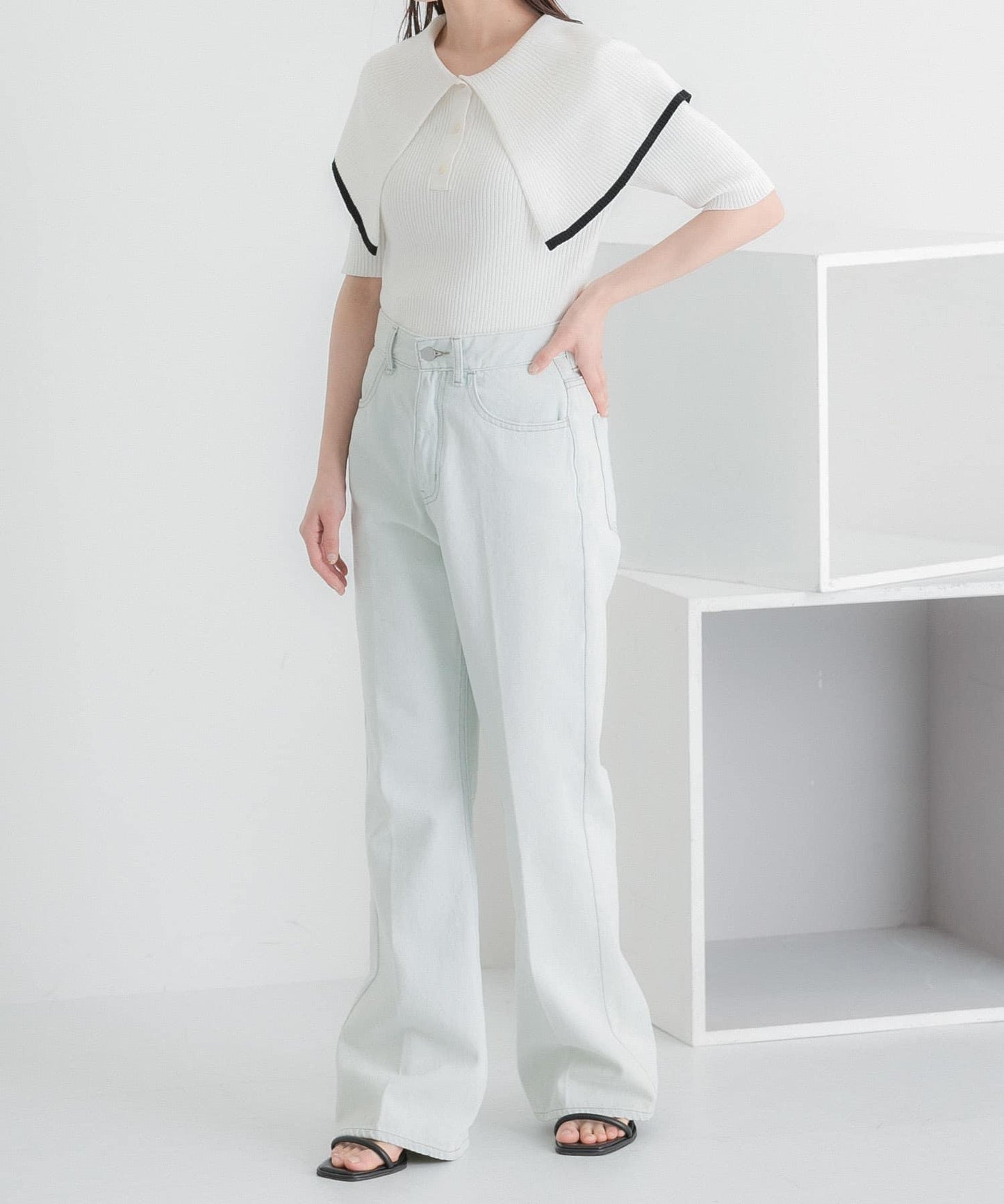 荷葉邊領口五分袖針織衫