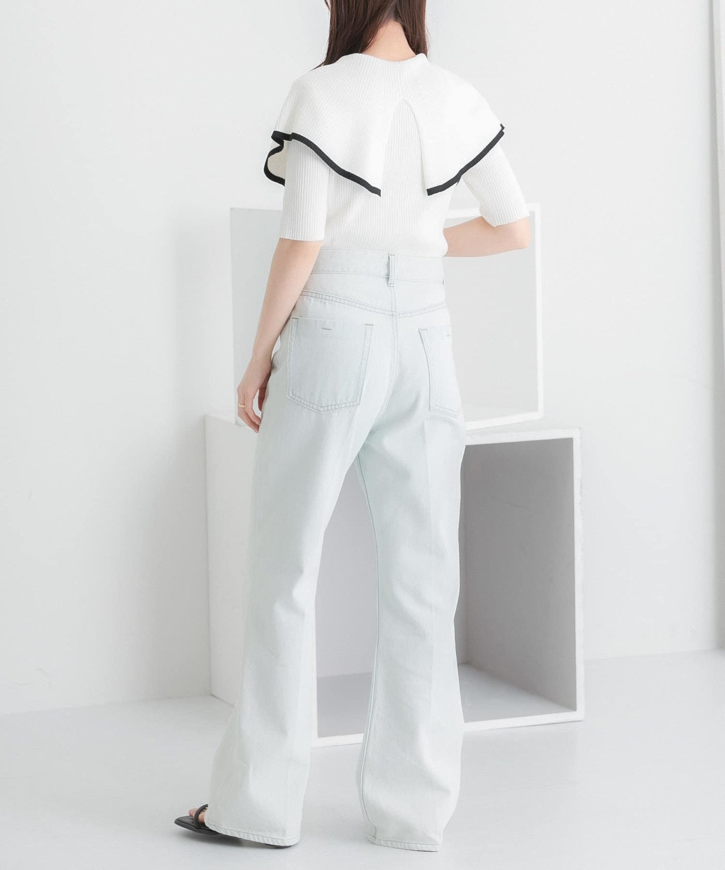 荷葉邊領口五分袖針織衫