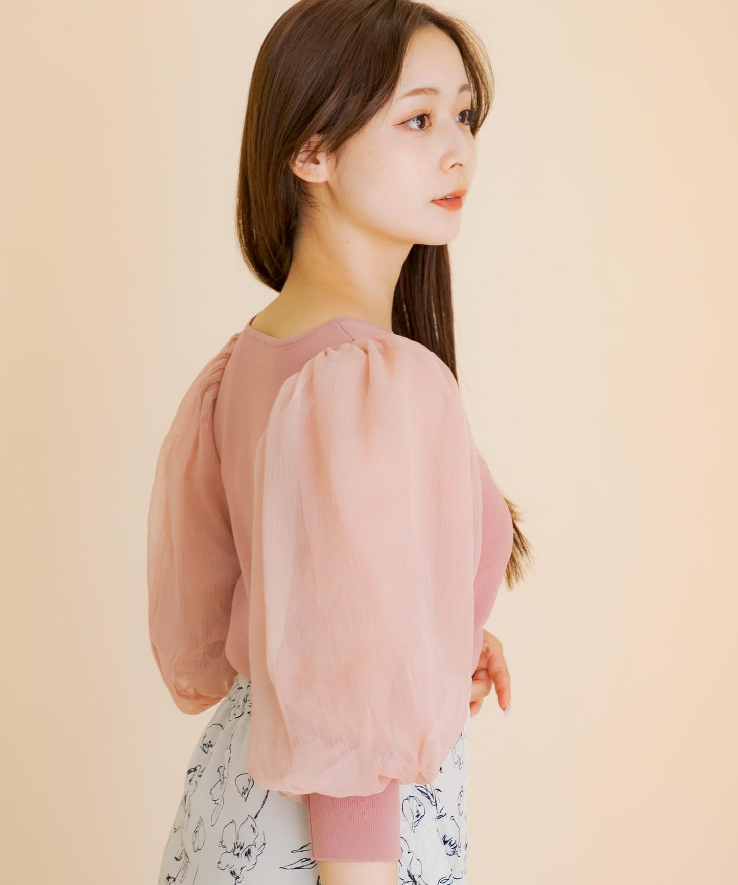 透視感蓬鬆袖針織衫（五分袖）