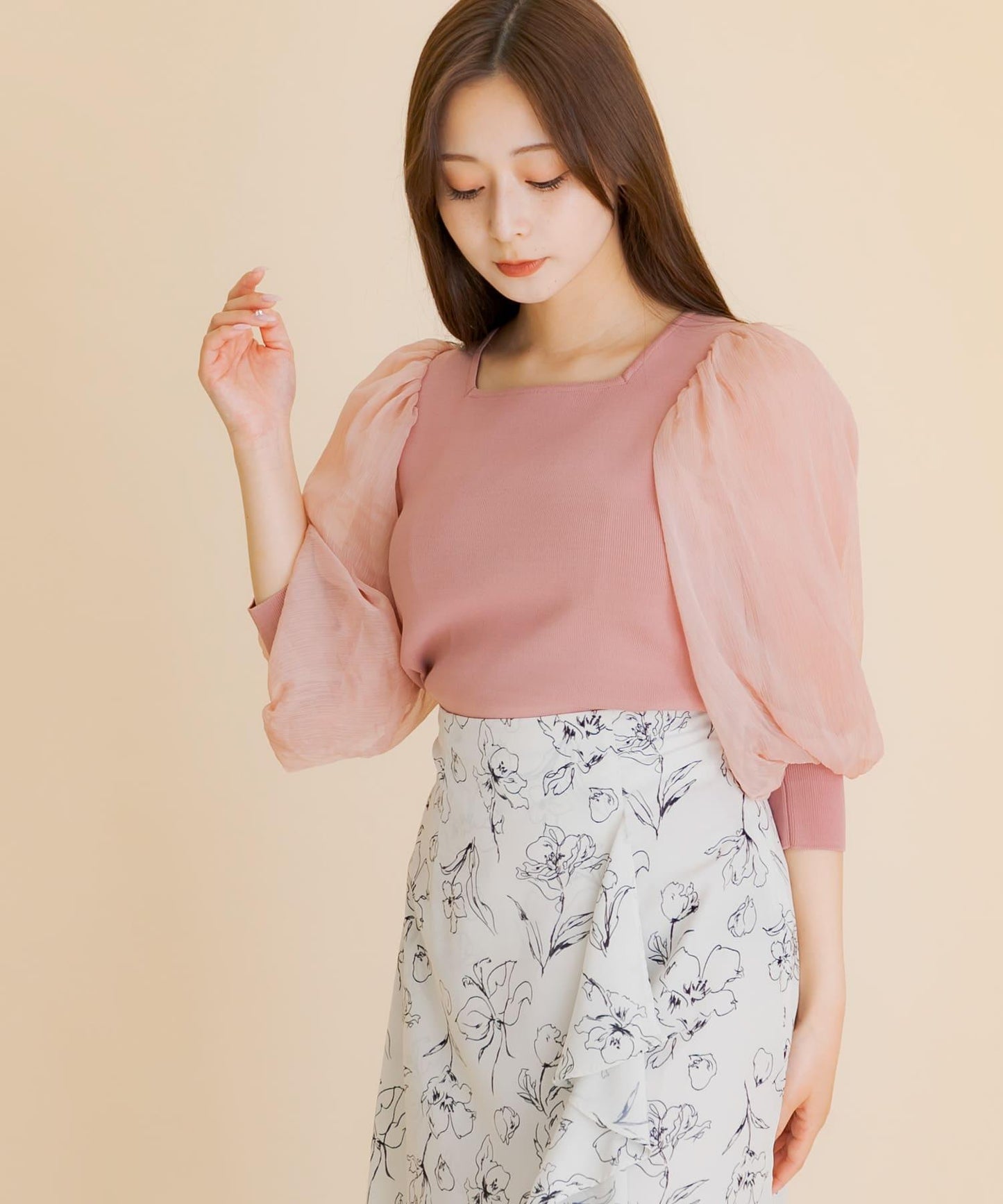 透視感蓬鬆袖針織衫（五分袖）