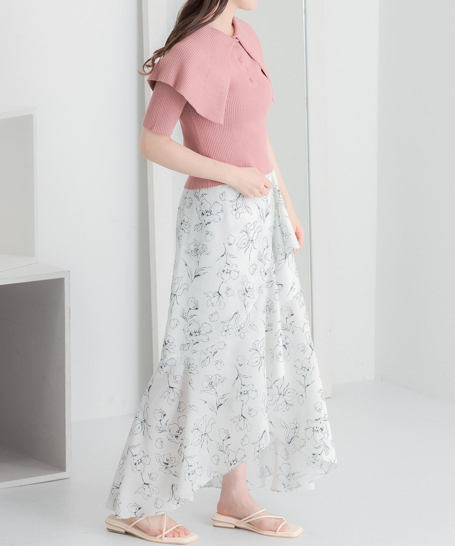 荷葉邊領口五分袖針織衫