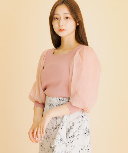 透視感蓬鬆袖針織衫（五分袖）