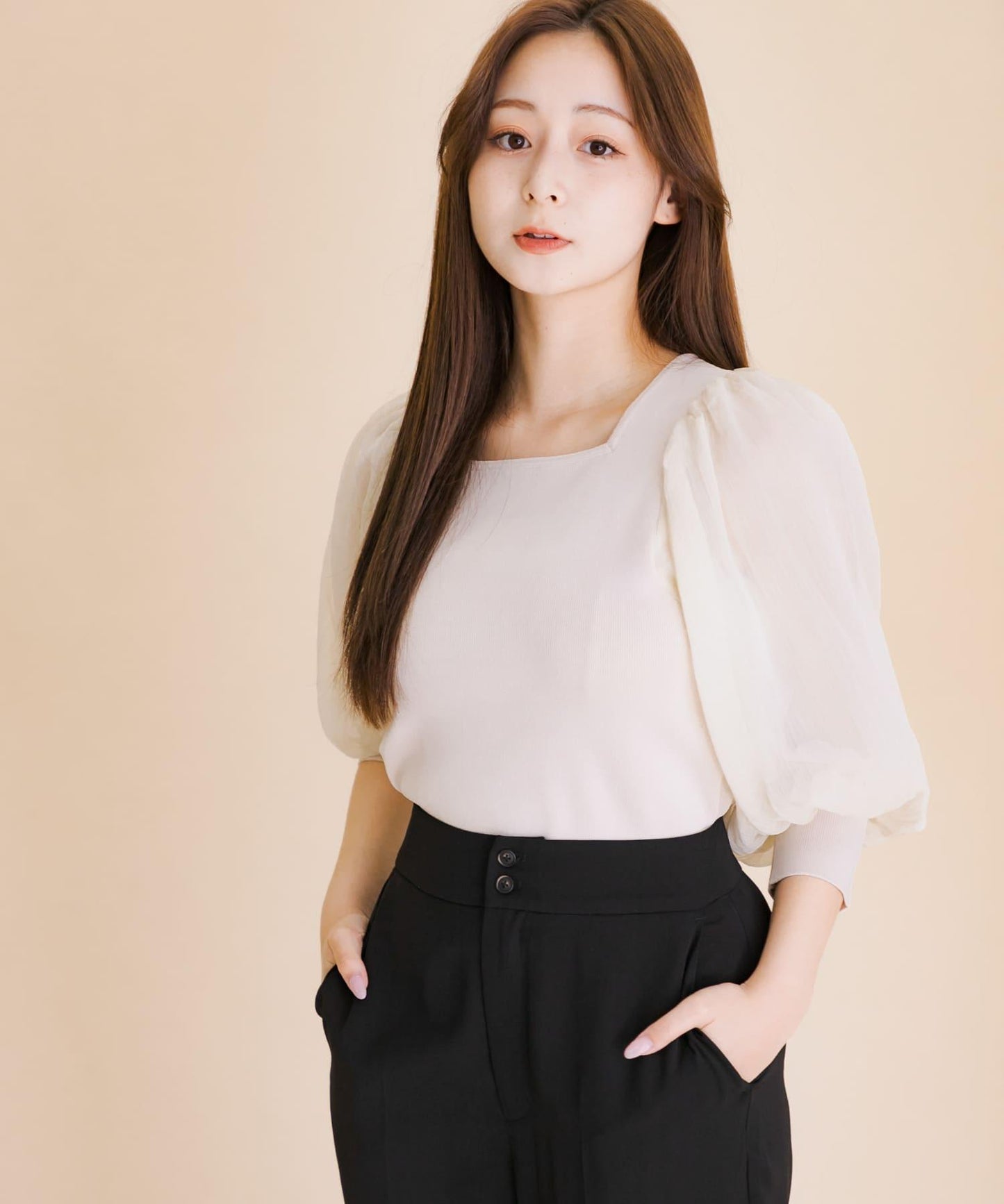 透視感蓬鬆袖針織衫（五分袖）