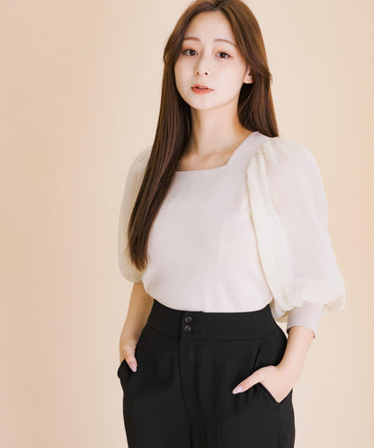 透視感蓬鬆袖針織衫（五分袖）