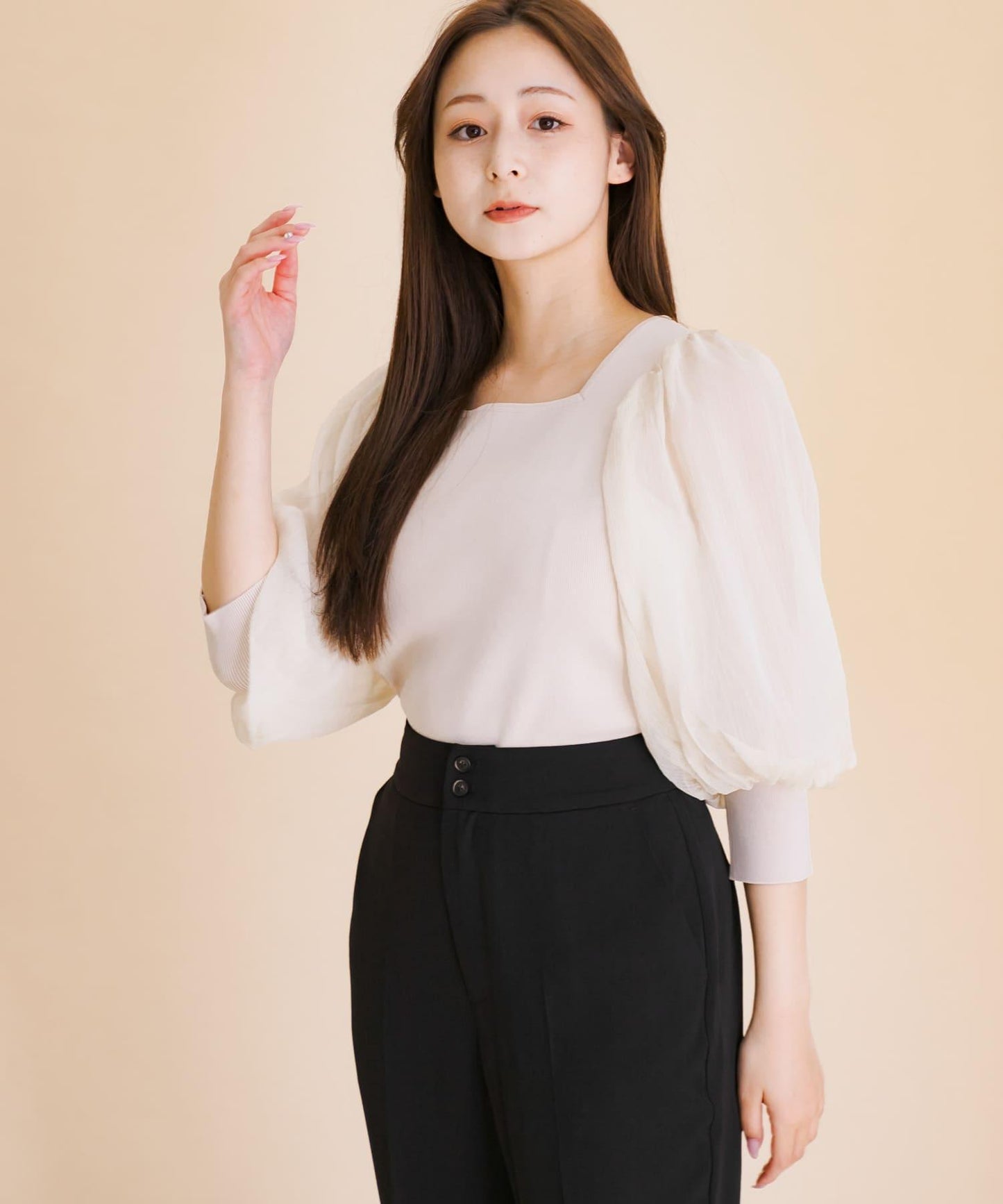 透視感蓬鬆袖針織衫（五分袖）