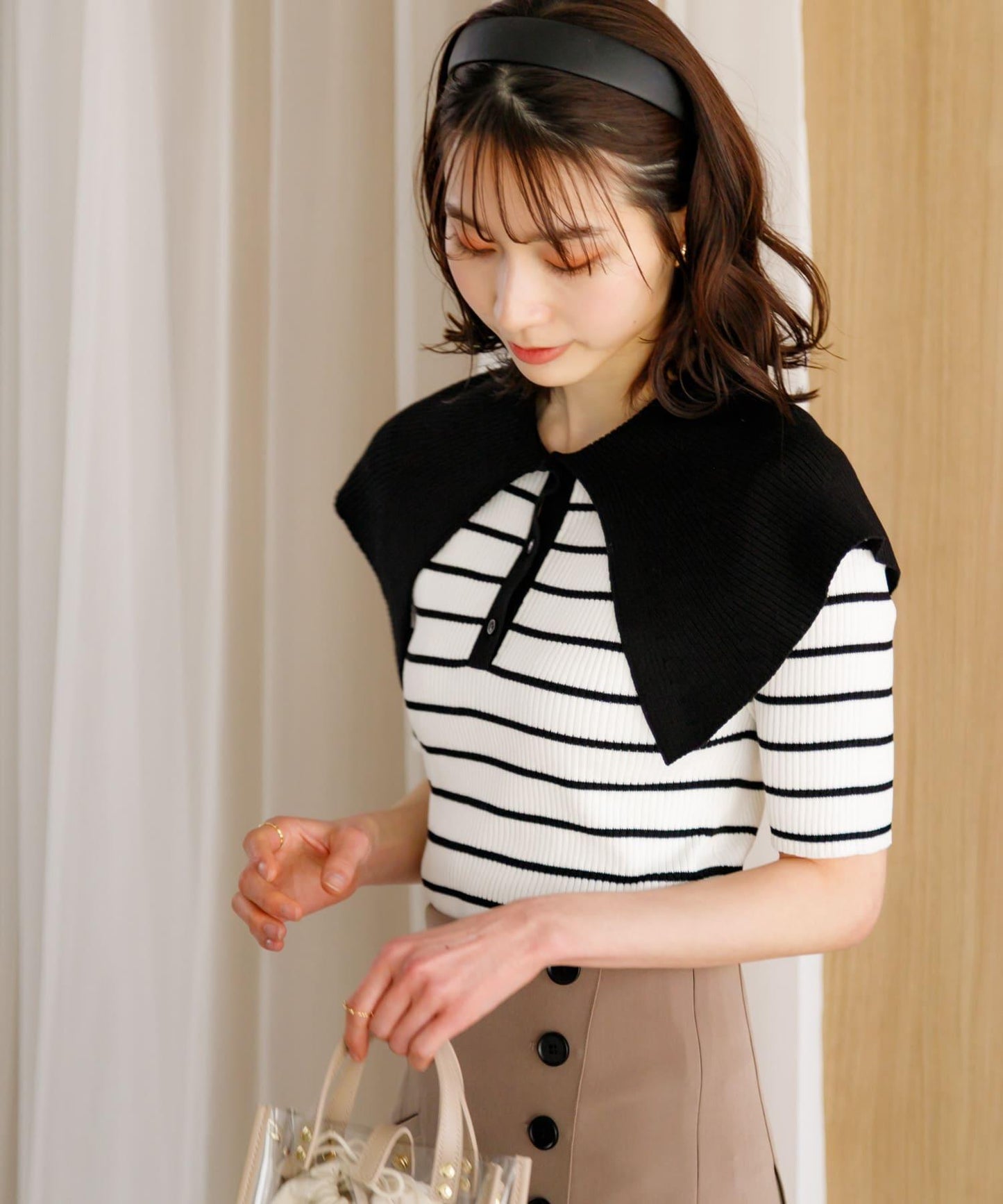 荷葉邊領口五分袖針織衫