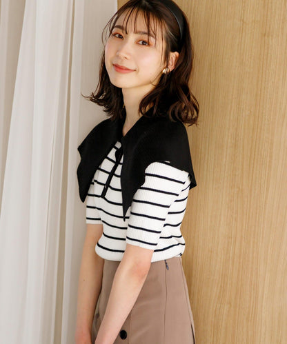 荷葉邊領口五分袖針織衫