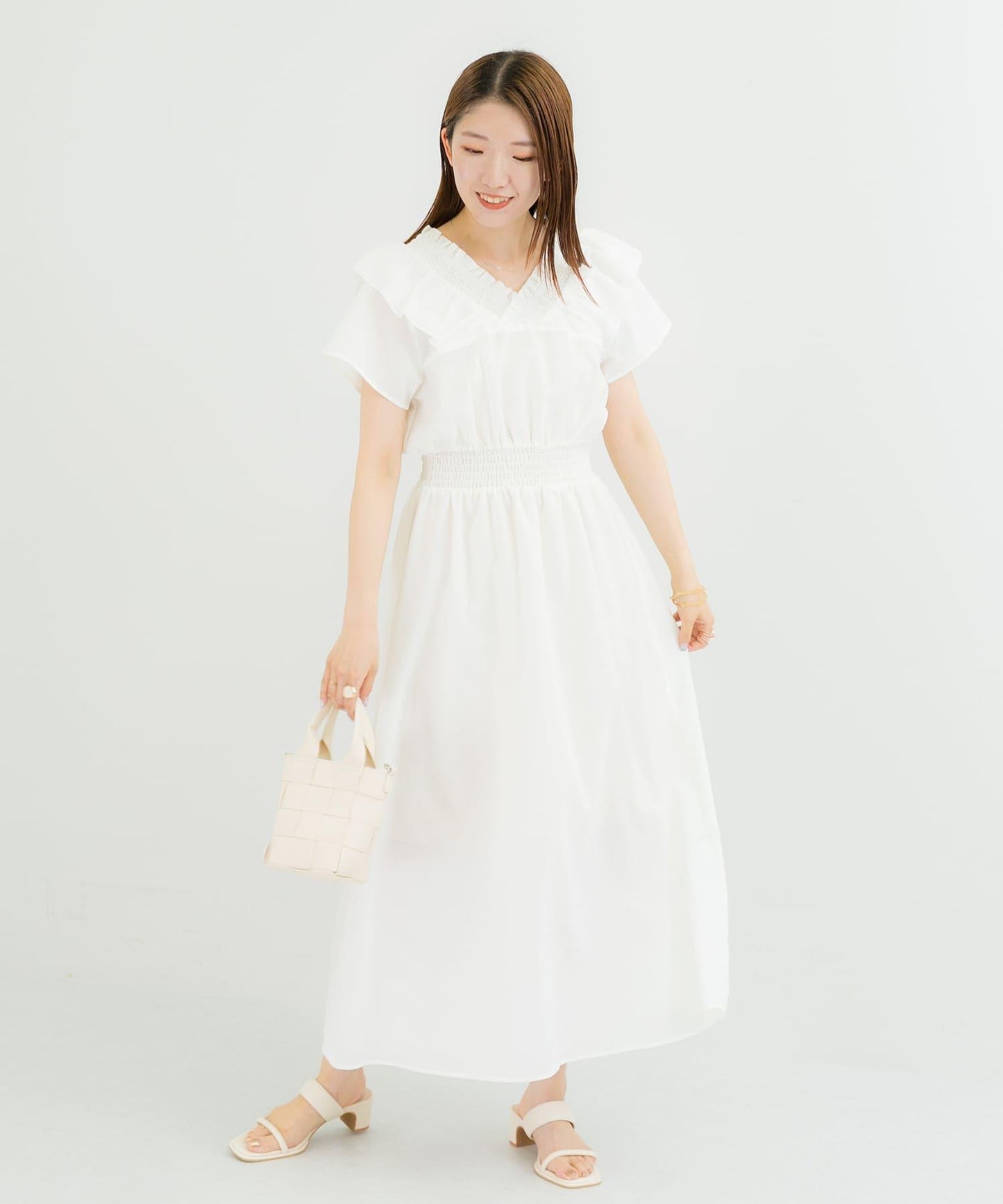 2WAY抽褶荷葉邊連衣裙