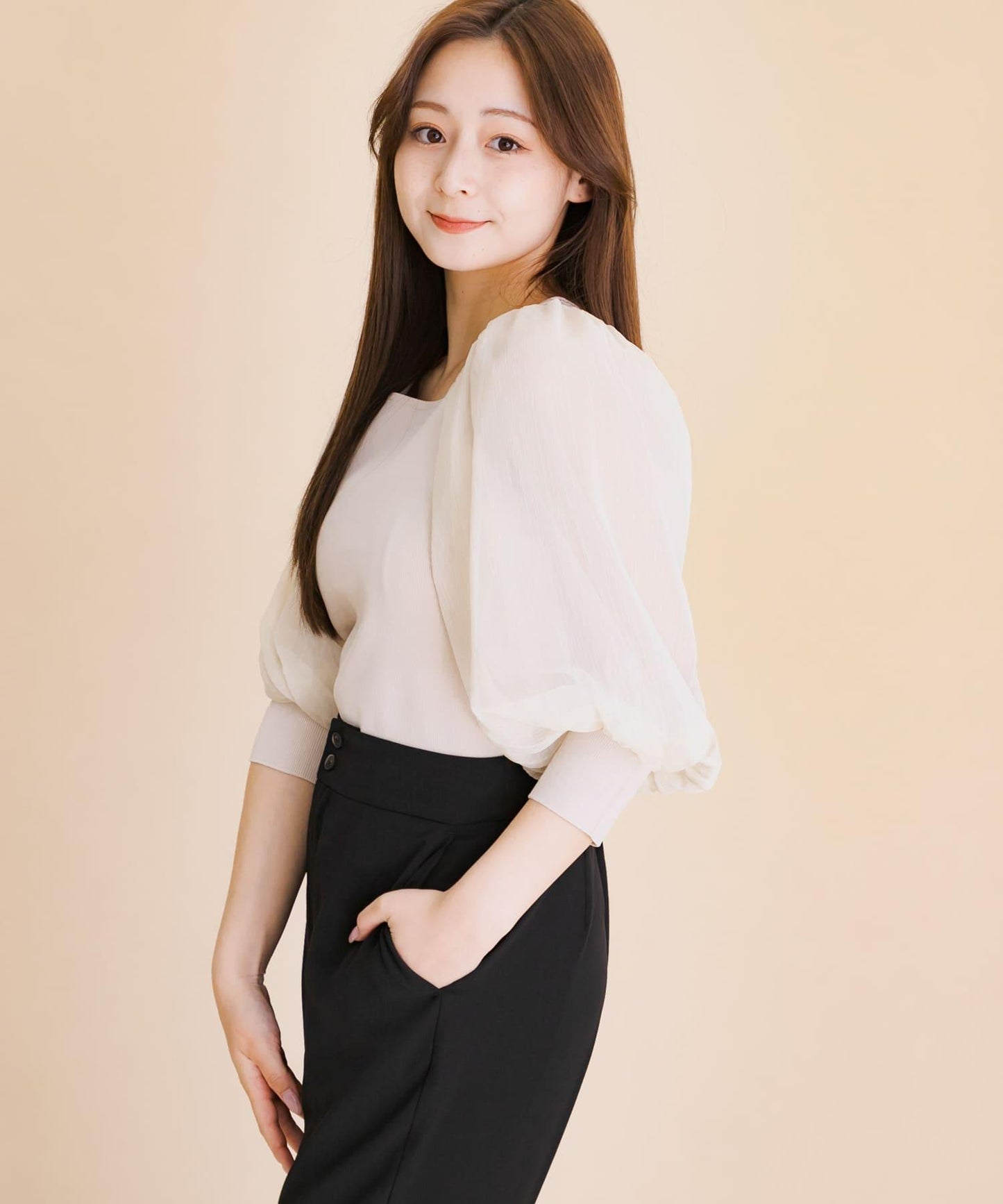 透視感蓬鬆袖針織衫（五分袖）