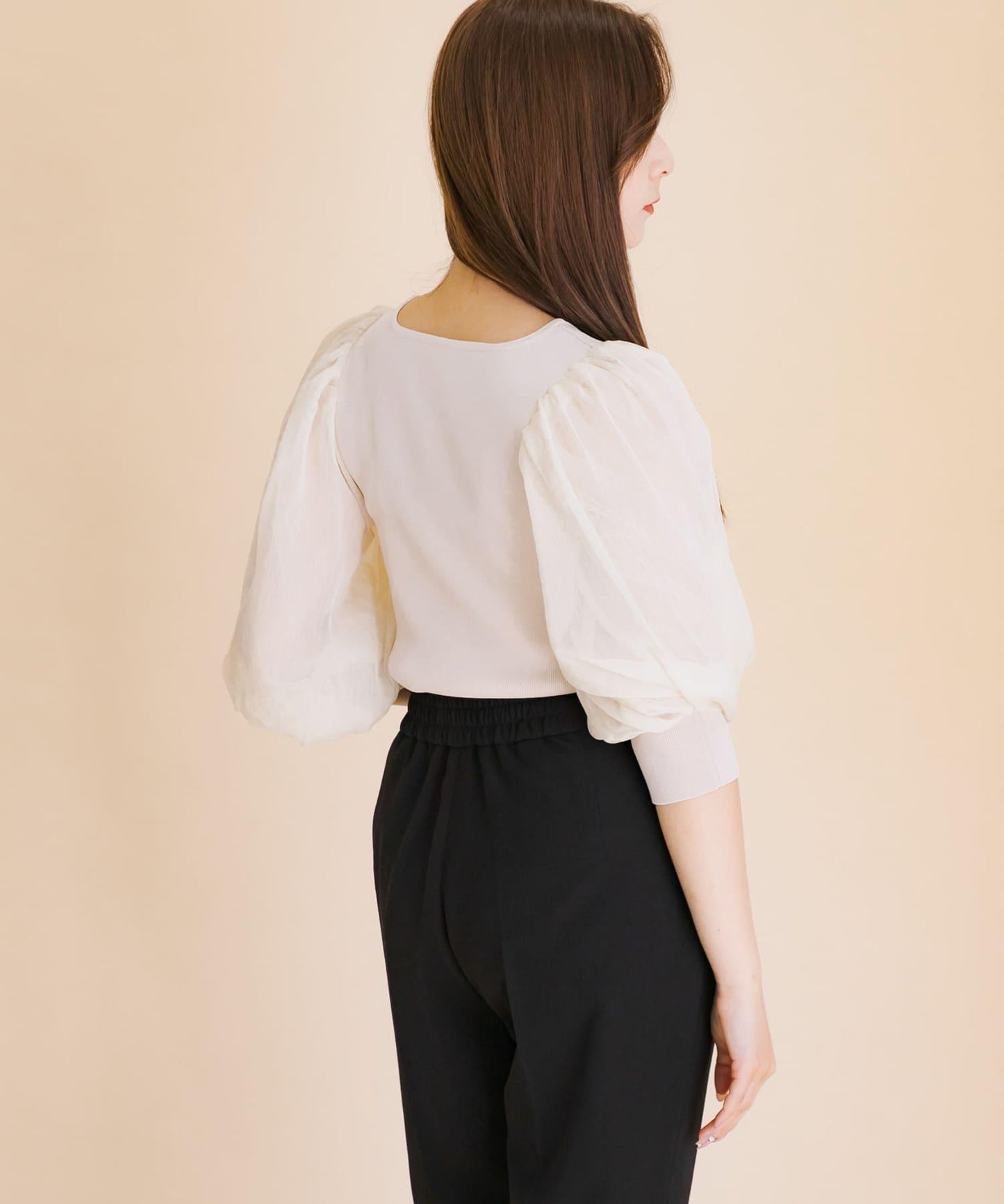 透視感蓬鬆袖針織衫（五分袖）