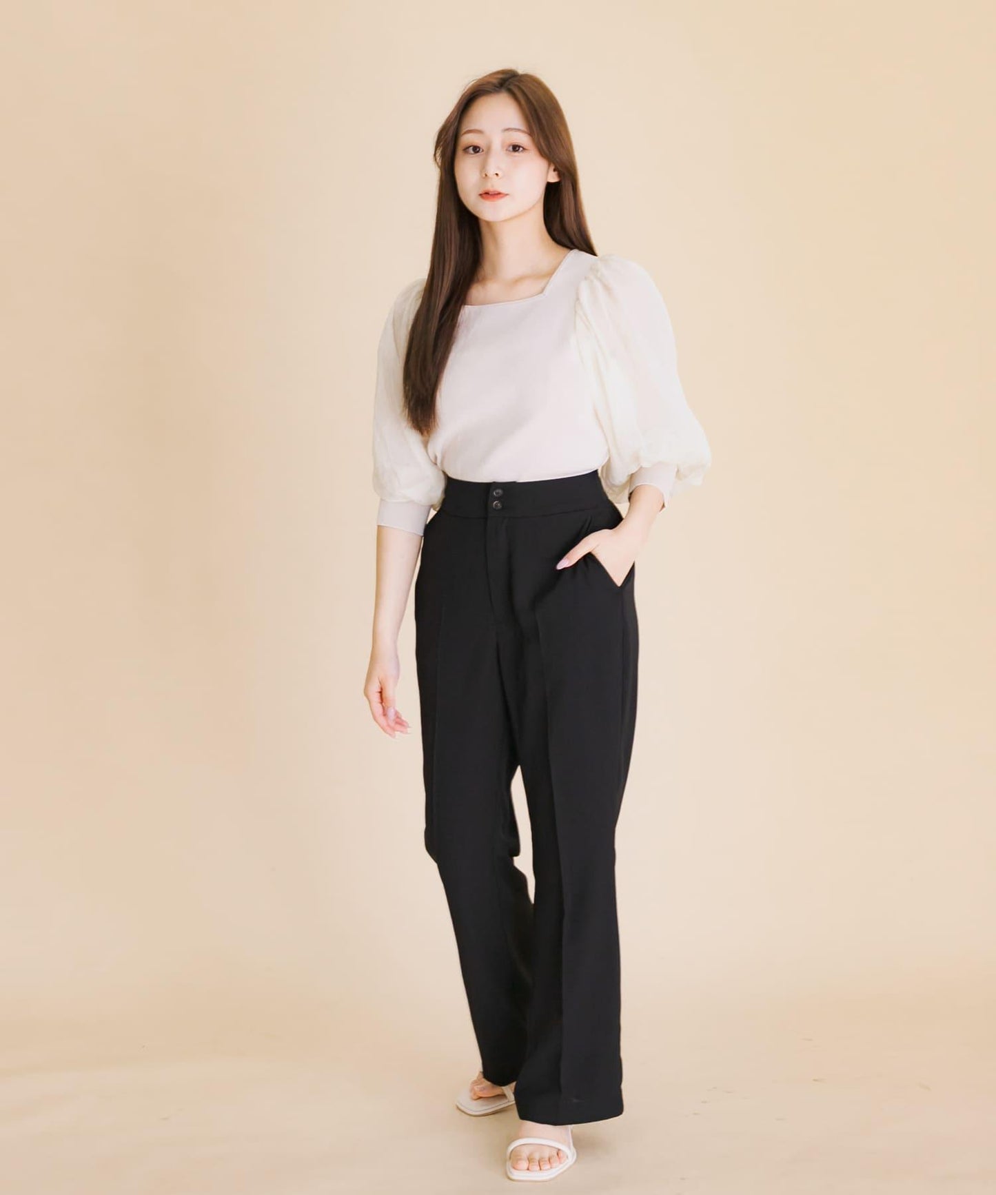 透視感蓬鬆袖針織衫（五分袖）