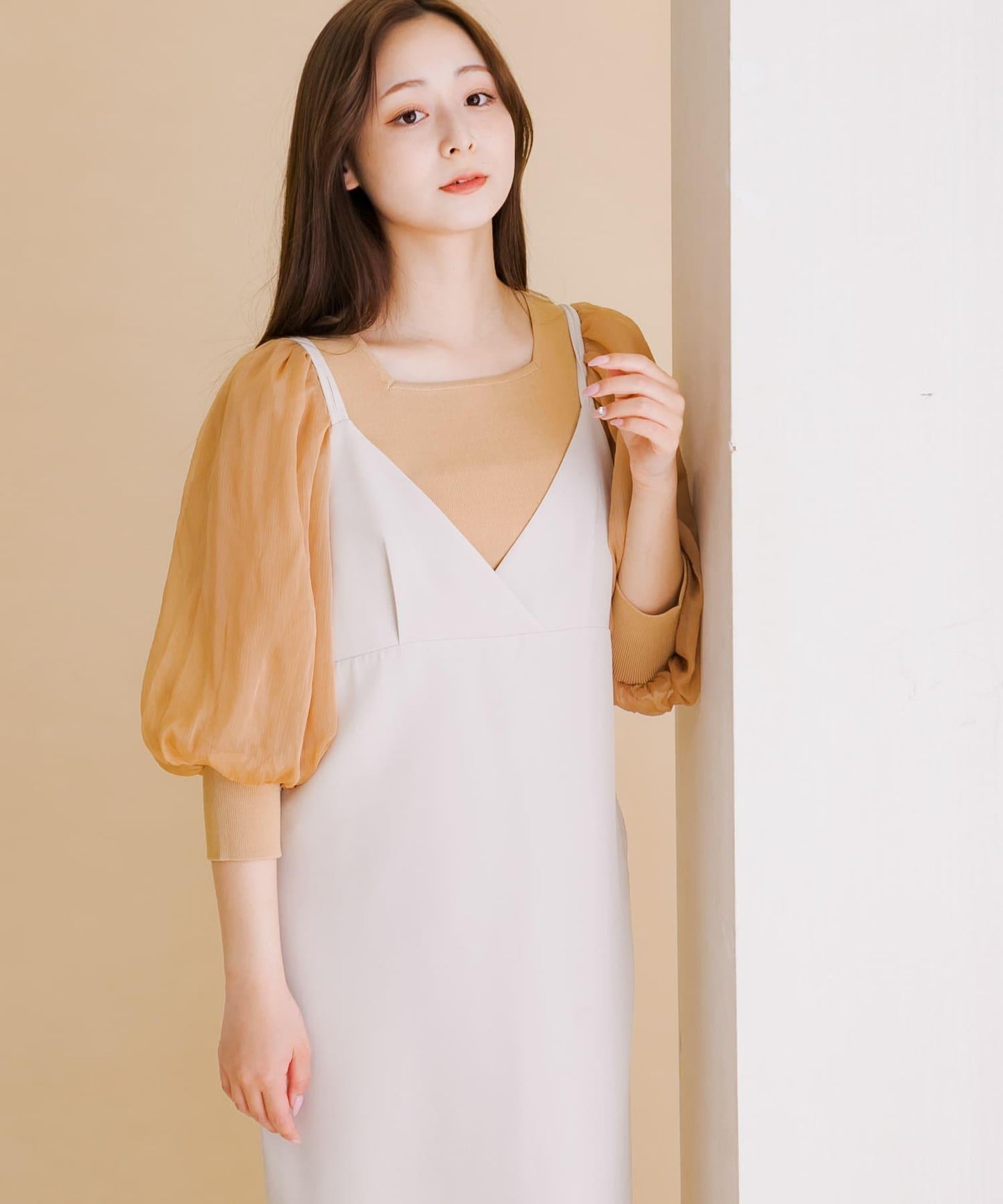 透視感蓬鬆袖針織衫（五分袖）