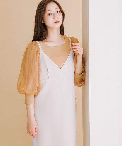 透視感蓬鬆袖針織衫（五分袖）