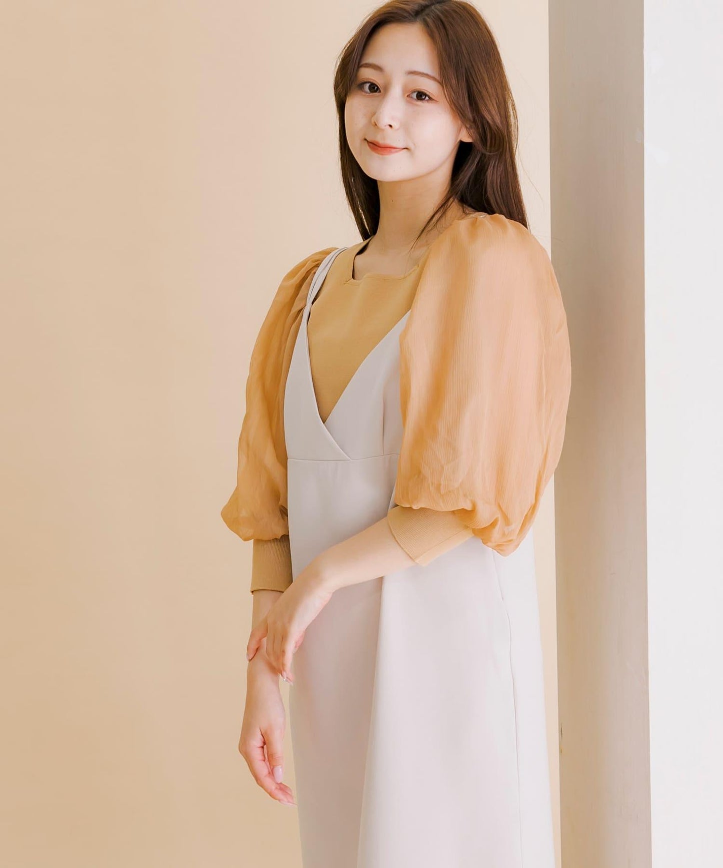 透視感蓬鬆袖針織衫（五分袖）