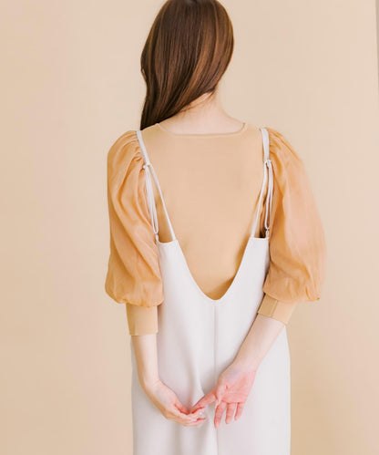 透視感蓬鬆袖針織衫（五分袖）