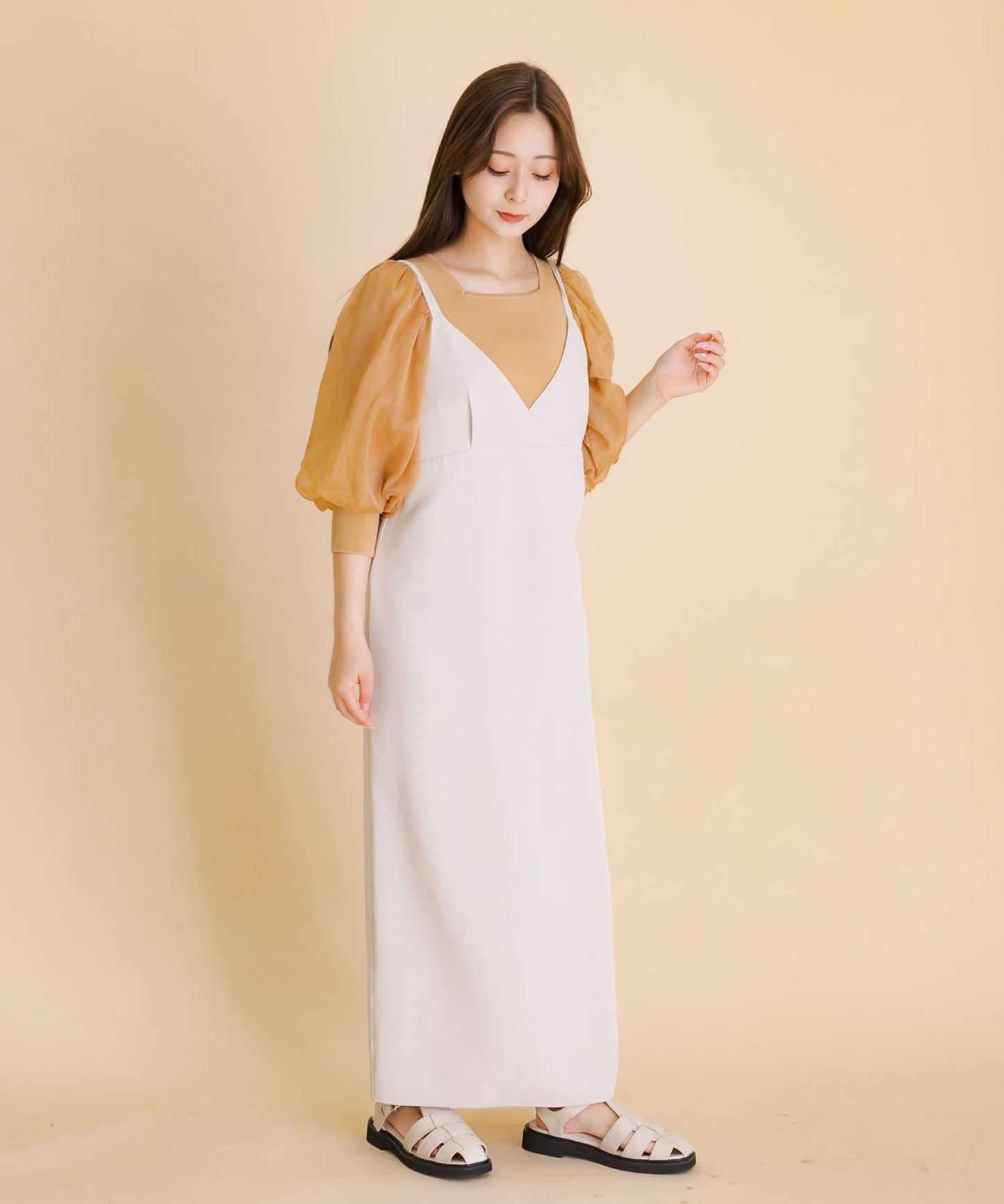 透視感蓬鬆袖針織衫（五分袖）