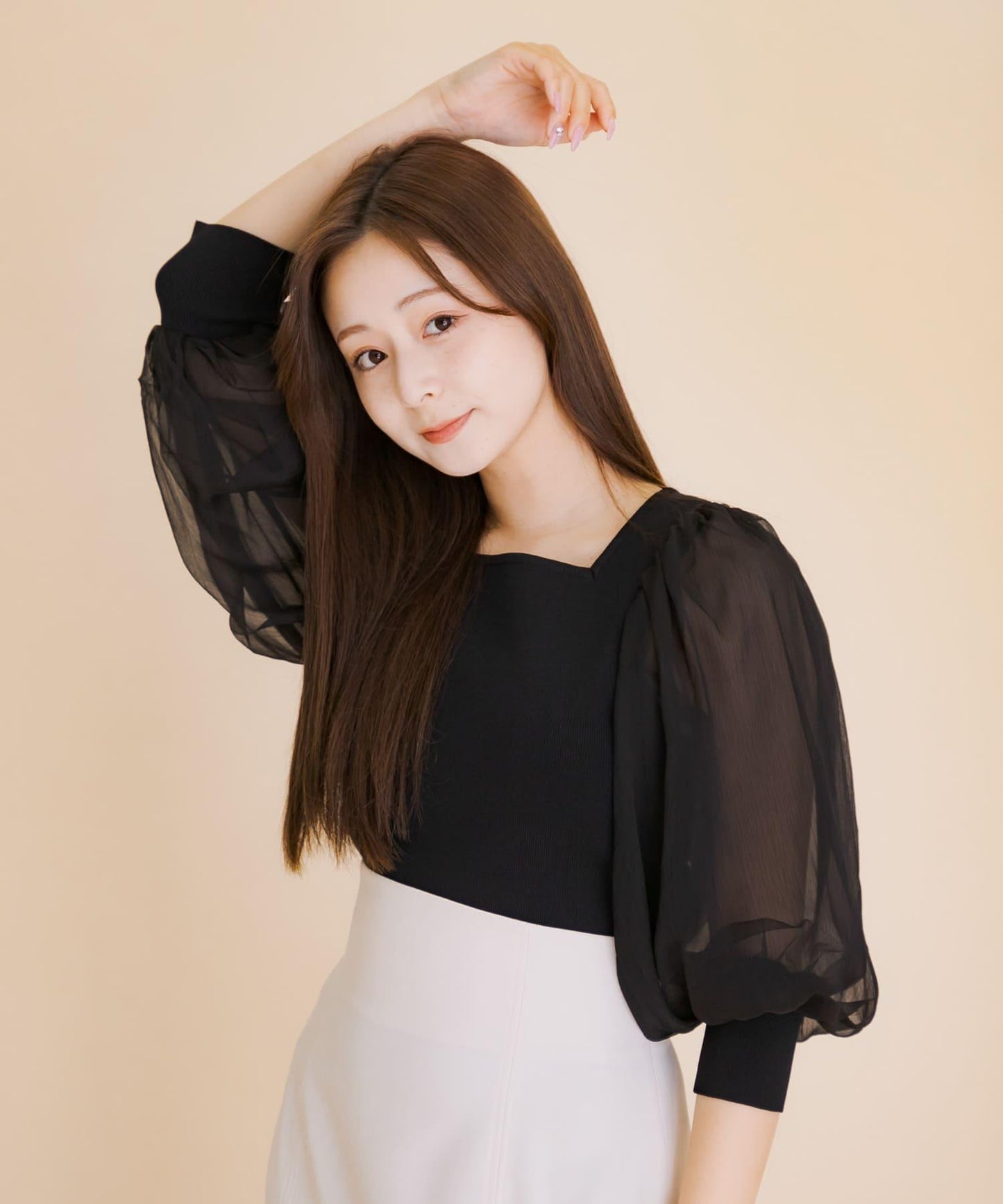 透視感蓬鬆袖針織衫（五分袖）