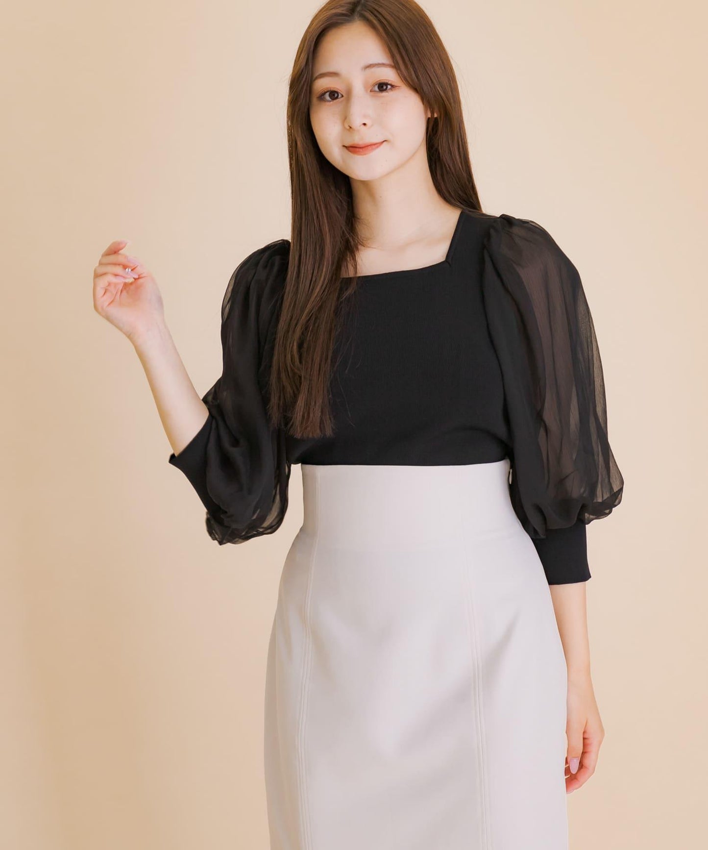 透視感蓬鬆袖針織衫（五分袖）