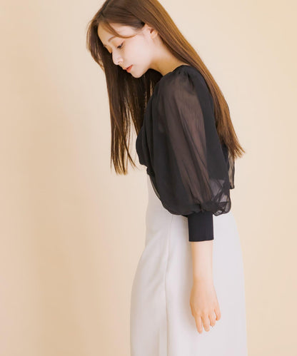 透視感蓬鬆袖針織衫（五分袖）