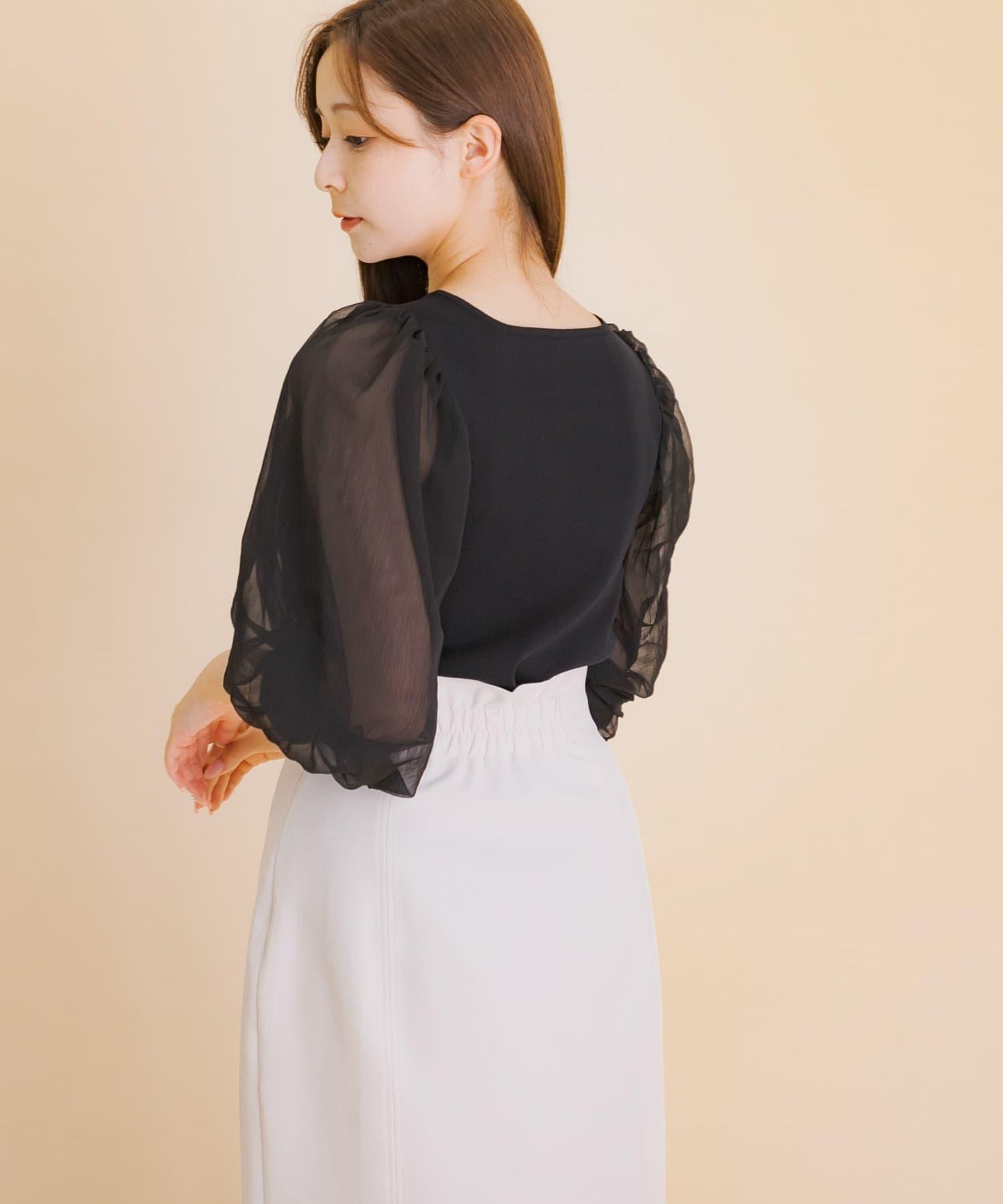 透視感蓬鬆袖針織衫（五分袖）