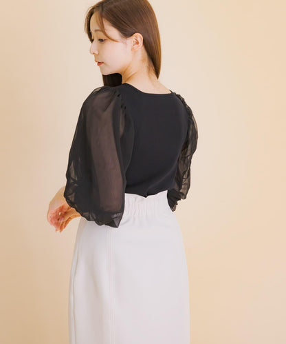 透視感蓬鬆袖針織衫（五分袖）