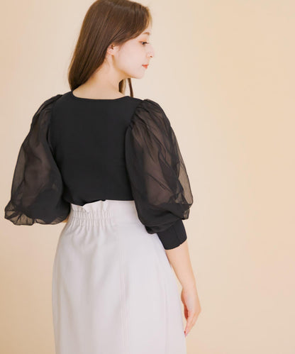 透視感蓬鬆袖針織衫（五分袖）