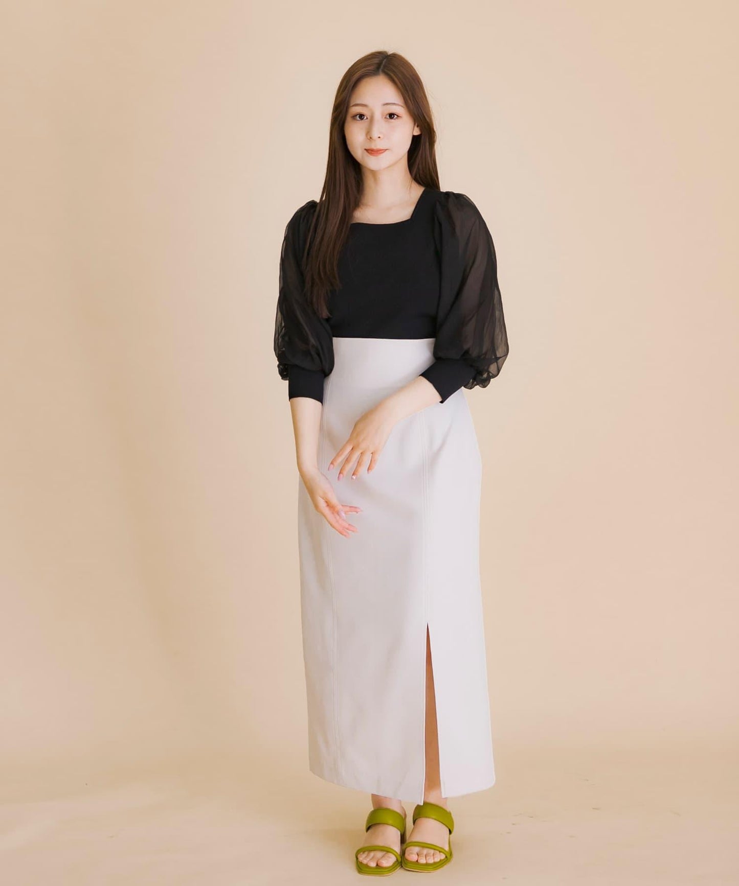 透視感蓬鬆袖針織衫（五分袖）