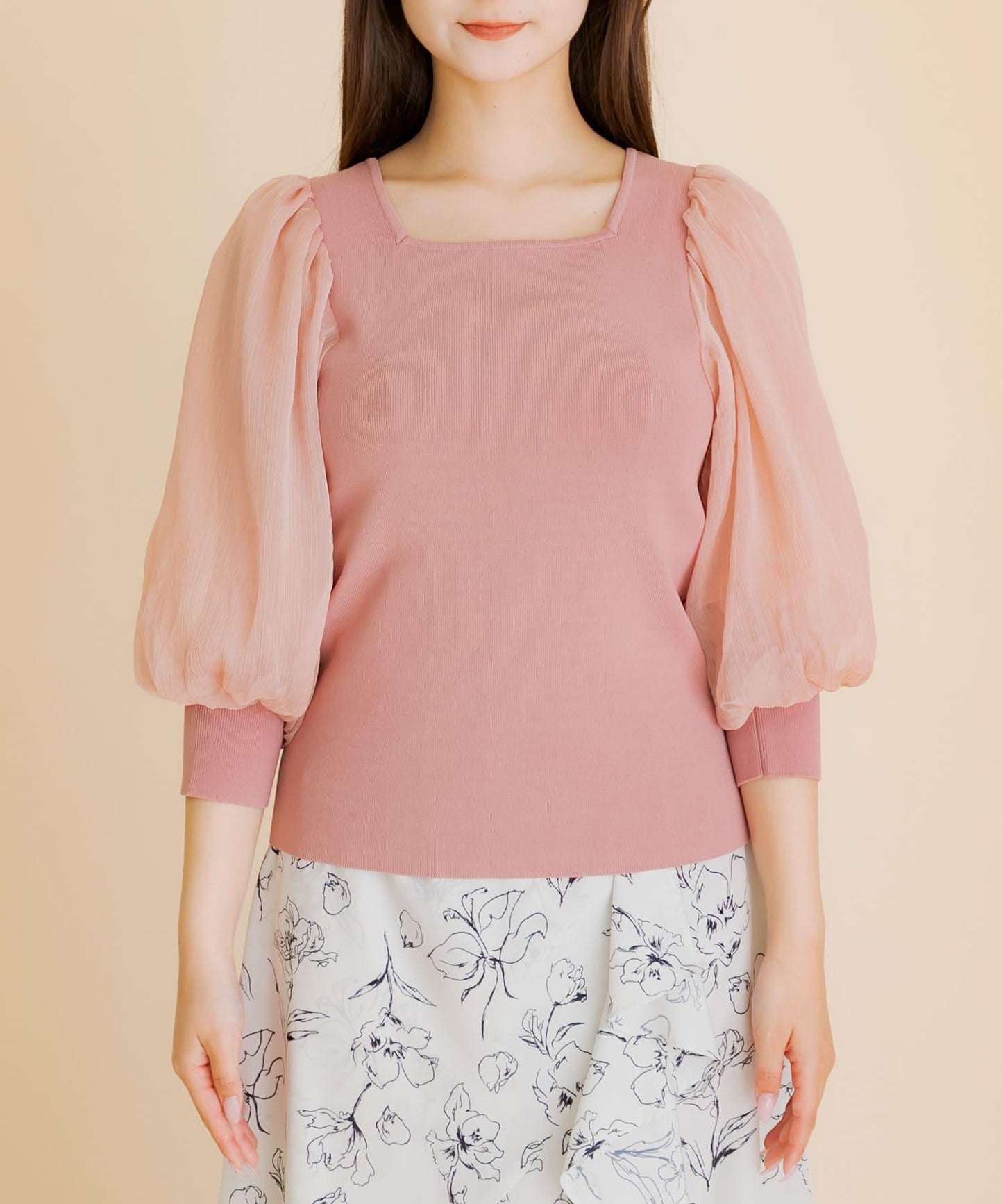 透視感蓬鬆袖針織衫（五分袖）