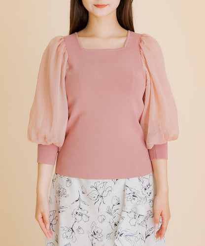 透視感蓬鬆袖針織衫（五分袖）