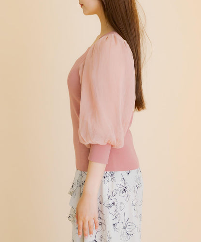 透視感蓬鬆袖針織衫（五分袖）