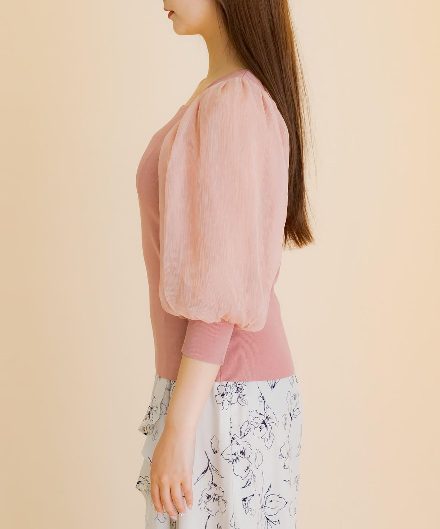 透視感蓬鬆袖針織衫（五分袖）