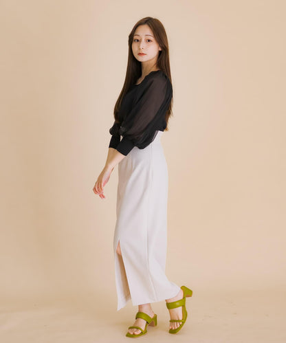 透視感蓬鬆袖針織衫（五分袖）