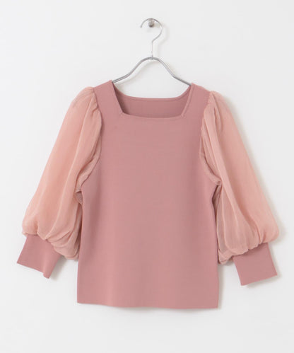 透視感蓬鬆袖針織衫（五分袖）