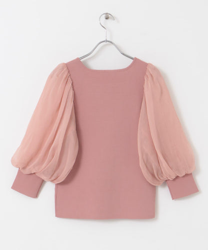 透視感蓬鬆袖針織衫（五分袖）