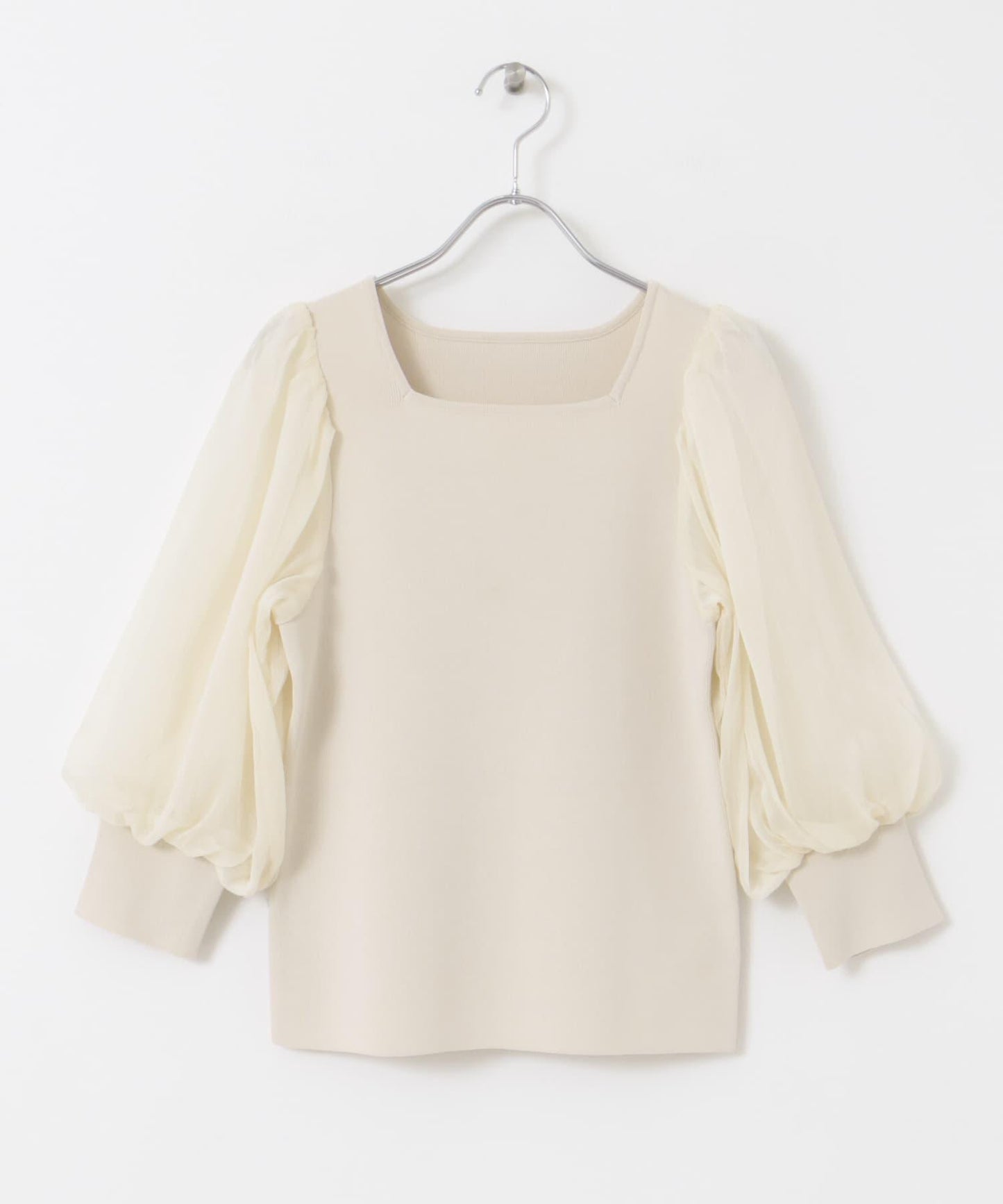 透視感蓬鬆袖針織衫（五分袖）