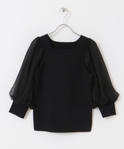 透視感蓬鬆袖針織衫（五分袖）