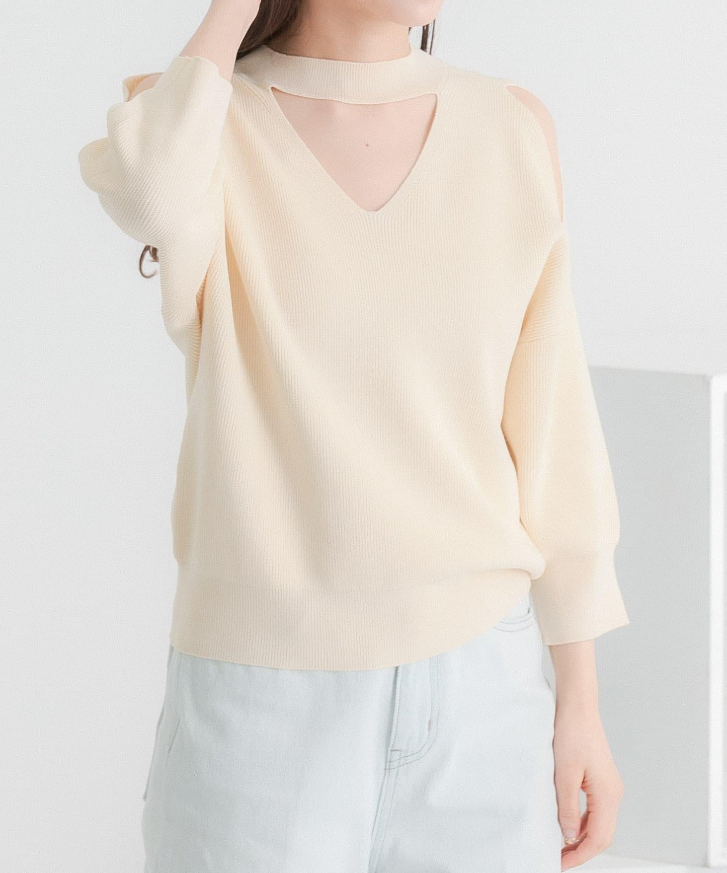 鏤空高領針織衫（五分袖）