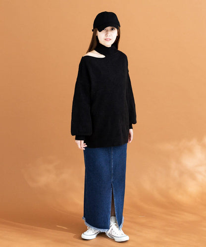 不對稱一字肩寬鬆針織衫