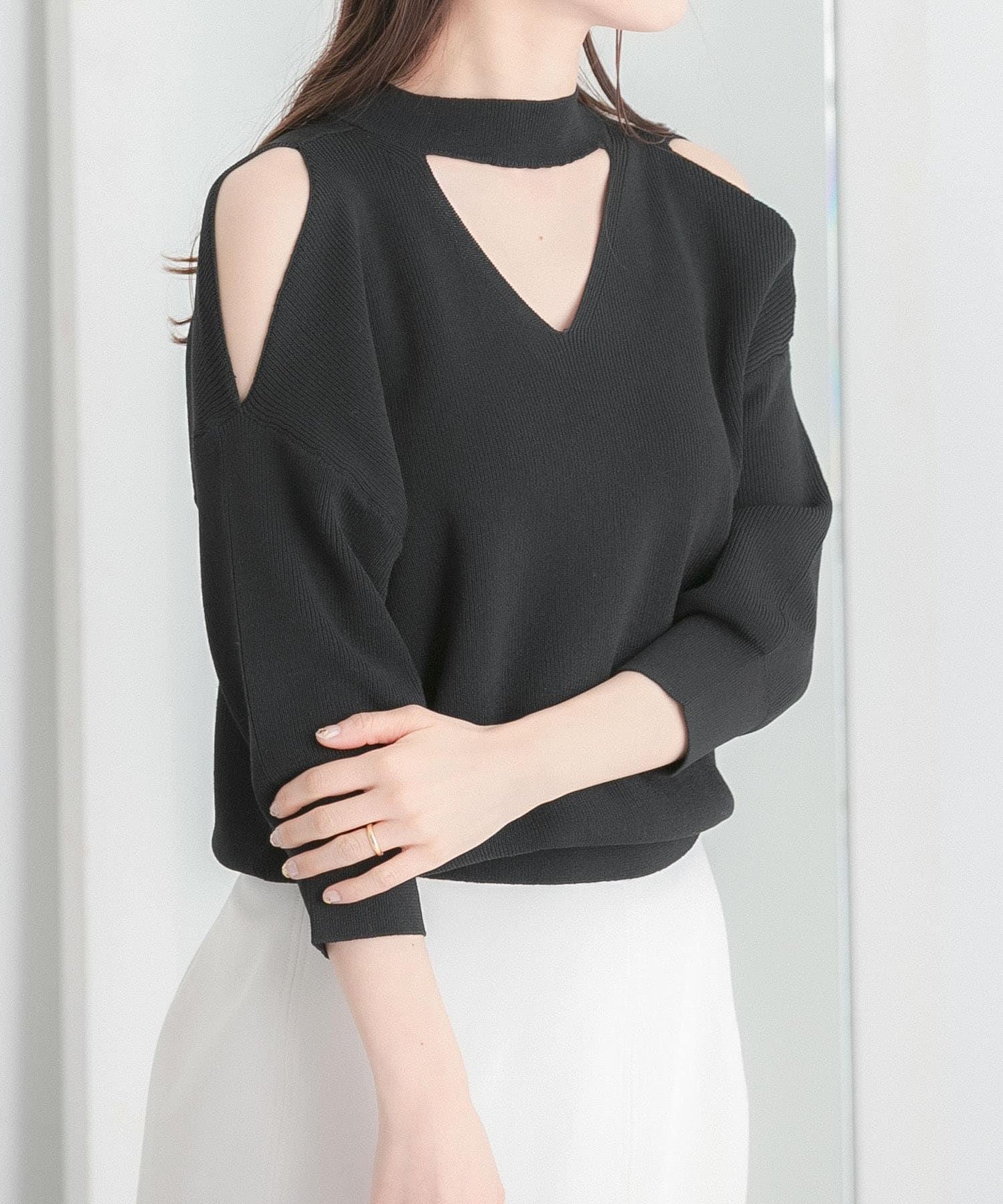 鏤空高領針織衫（五分袖）