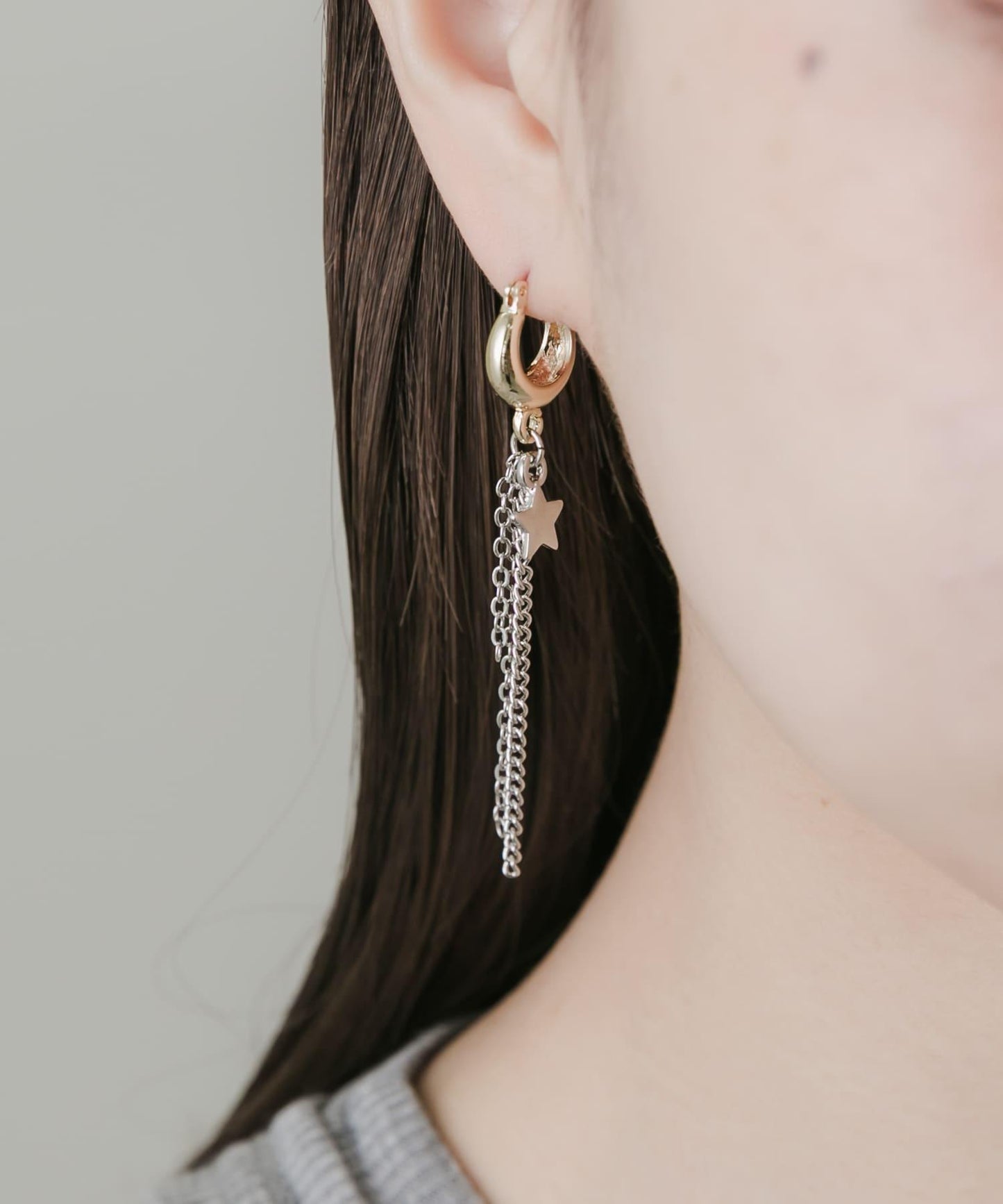 星星不對稱鏈條圈形耳環