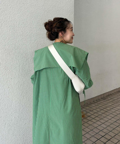 方領套裝條紋連衣裙